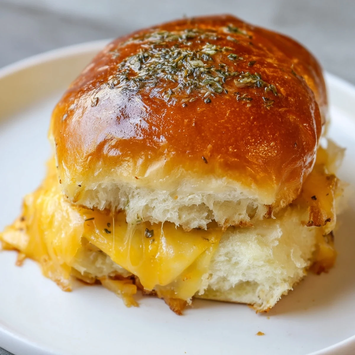 Sweet Hawaiian roll sandwiches stacked high showing melted cheese and golden toasted tops for parties