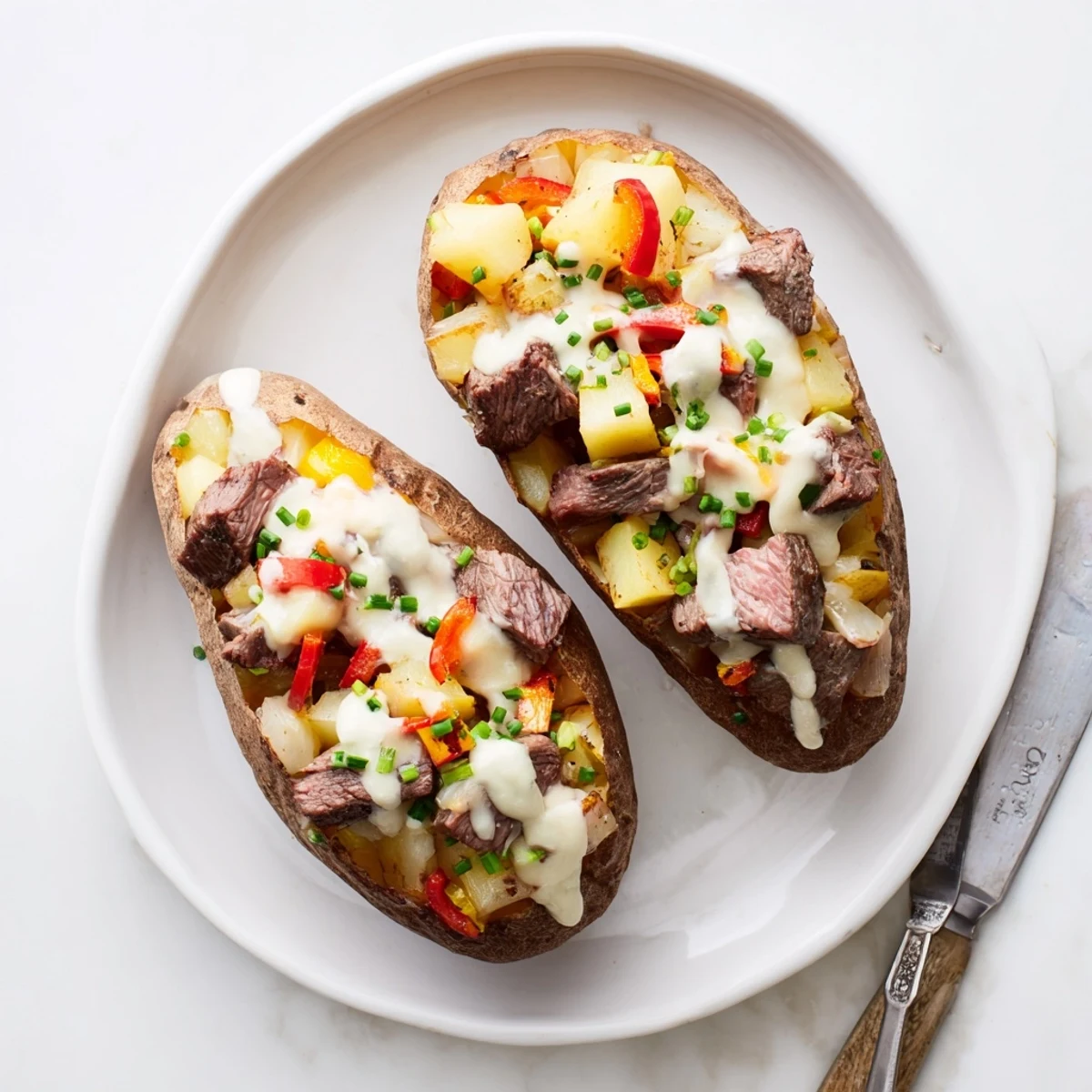 Golden baked potato loaded with seasoned steak cubes and drizzled with creamy Parmesan sauce