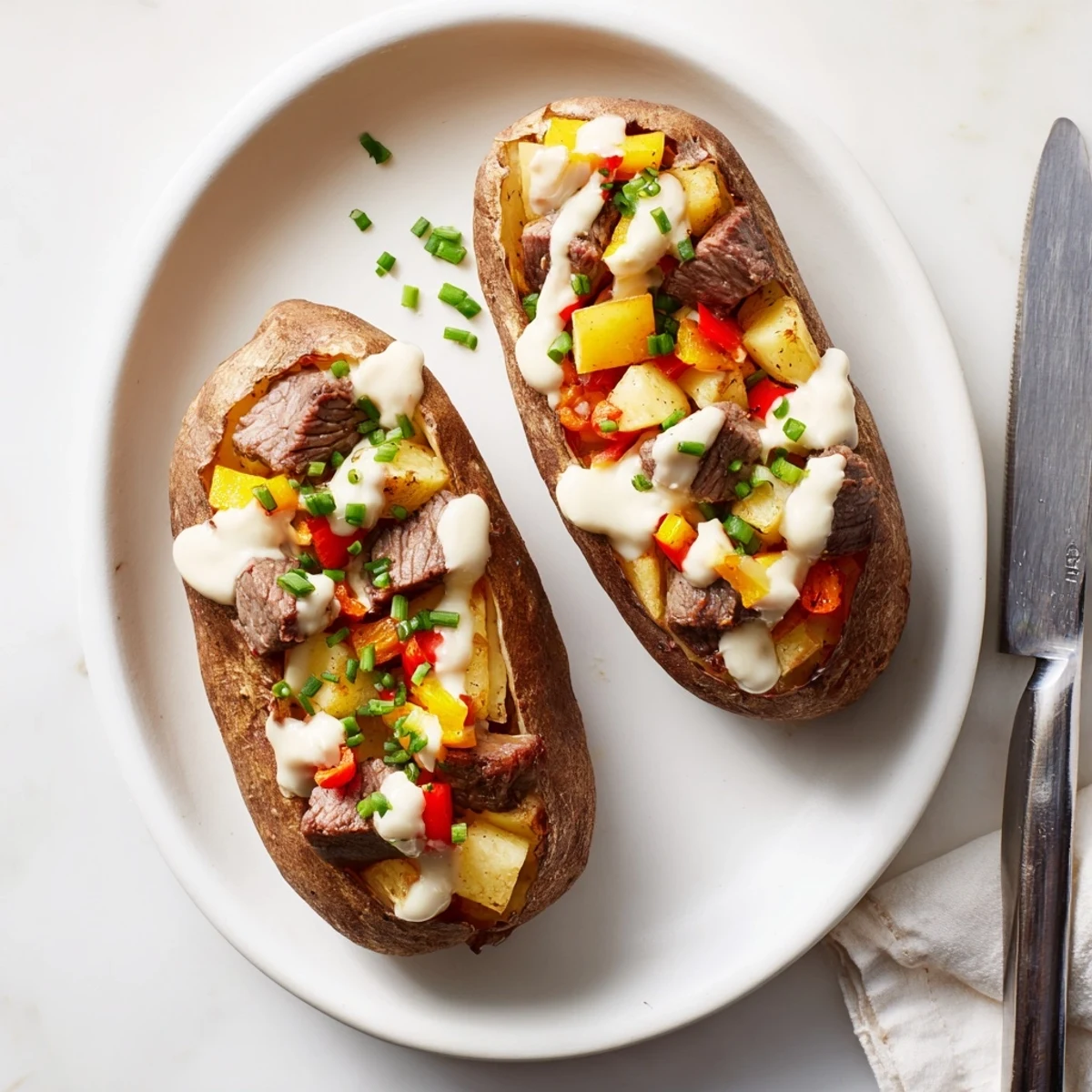 Fluffy oven-baked potato stuffed with juicy steak and topped with rich white cheese sauce