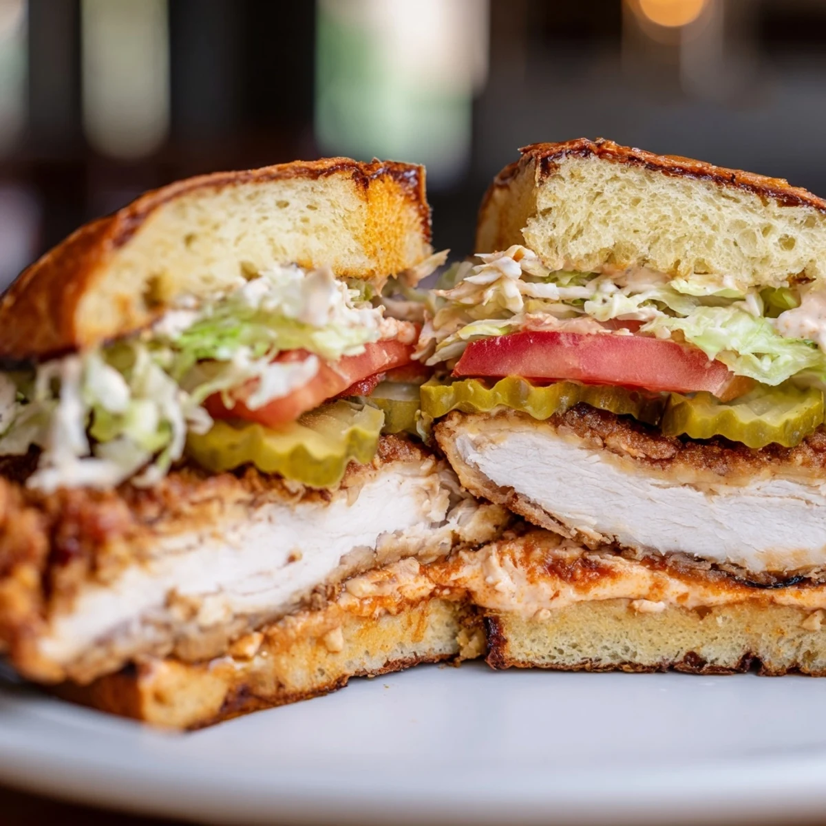 Crispy spicy chicken sandwich stacked on toasted brioche bun with fresh lettuce tomatoes and pickles
