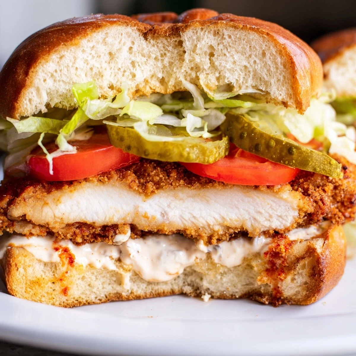 Golden fried spicy chicken sandwich drizzled with creamy homemade sauce and topped with crisp vegetables