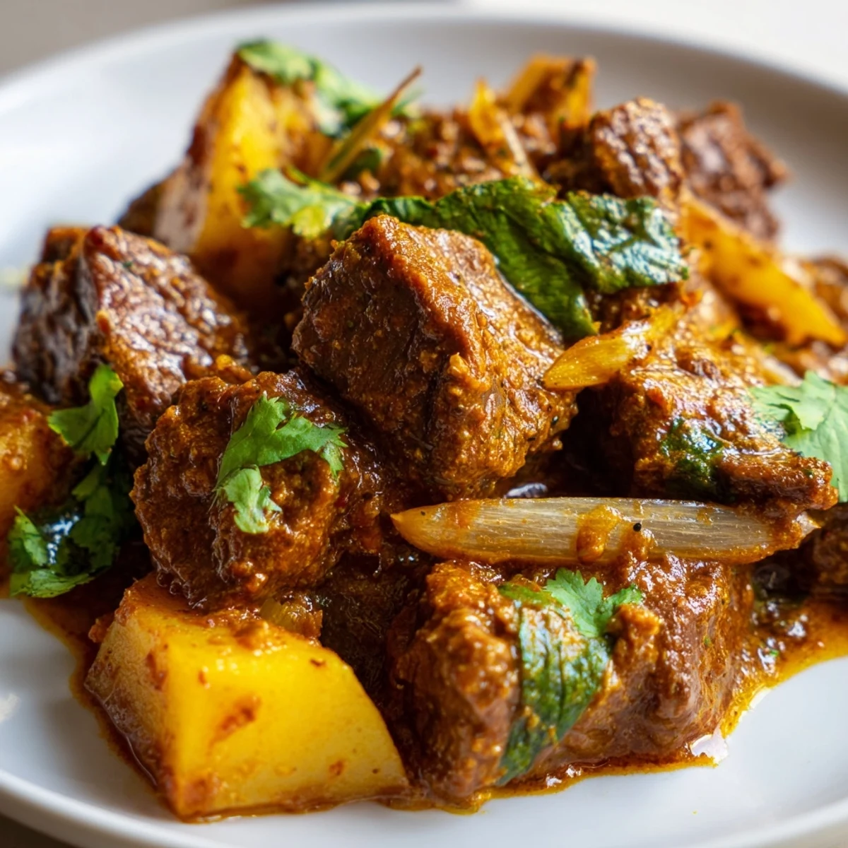 Slow cooker Indian beef curry with tender beef cubes in aromatic spiced coconut sauce garnished with fresh cilantro