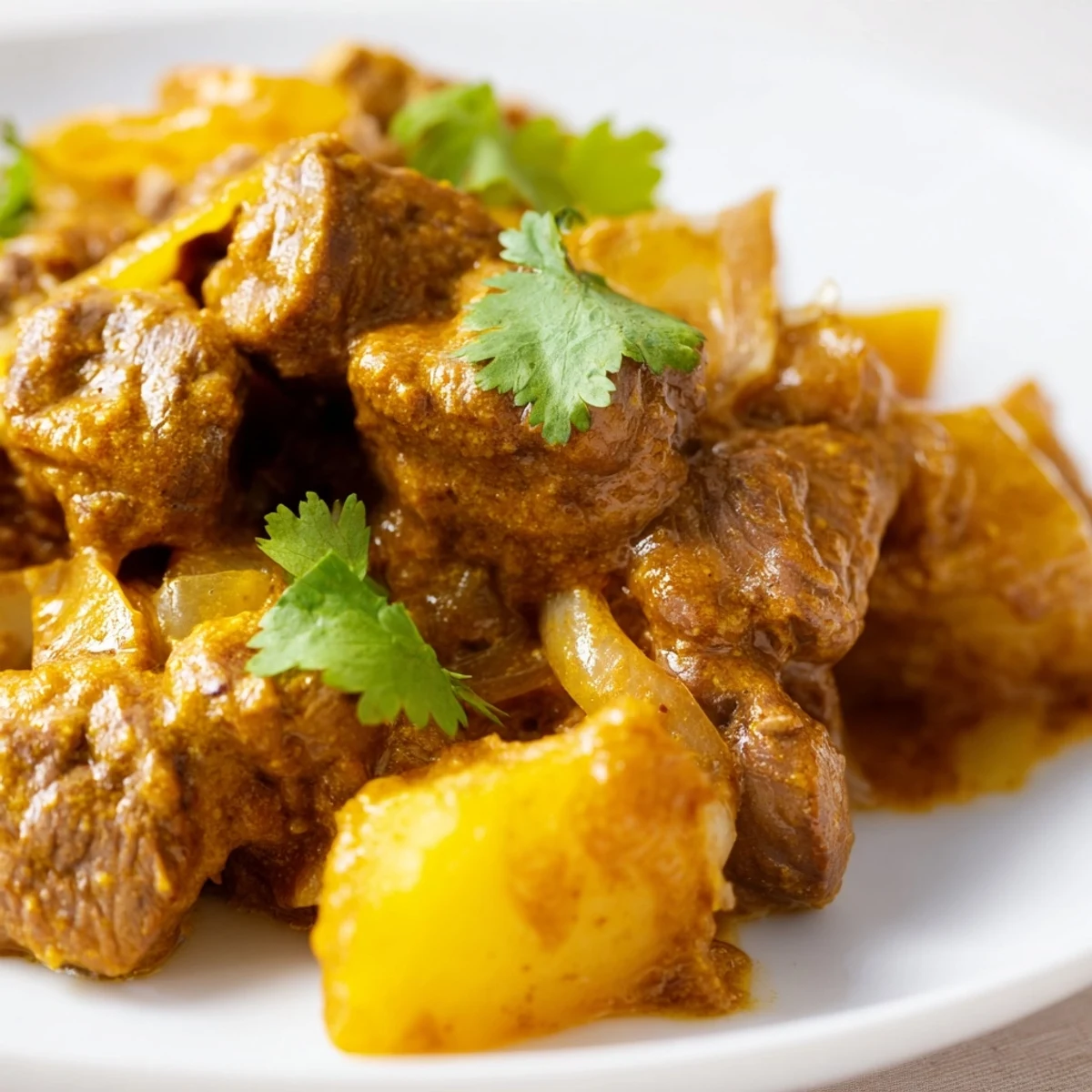 Rich slow cooker Indian beef curry served over steamed white rice with naan bread for dipping