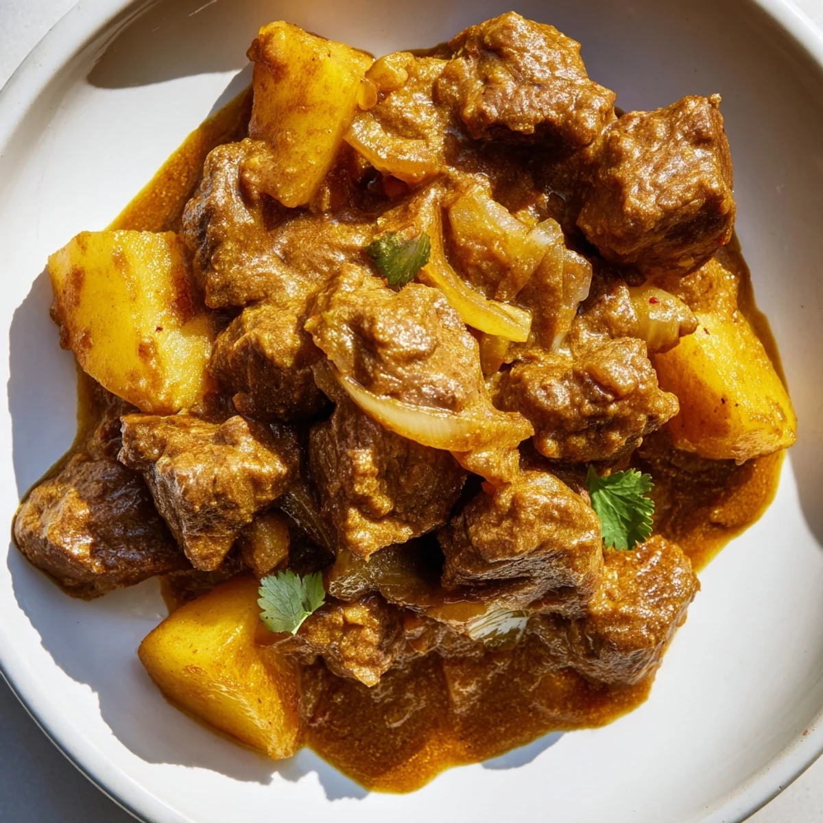 Hearty bowl of Indian beef curry featuring tender beef potatoes and onions in a golden creamy sauce