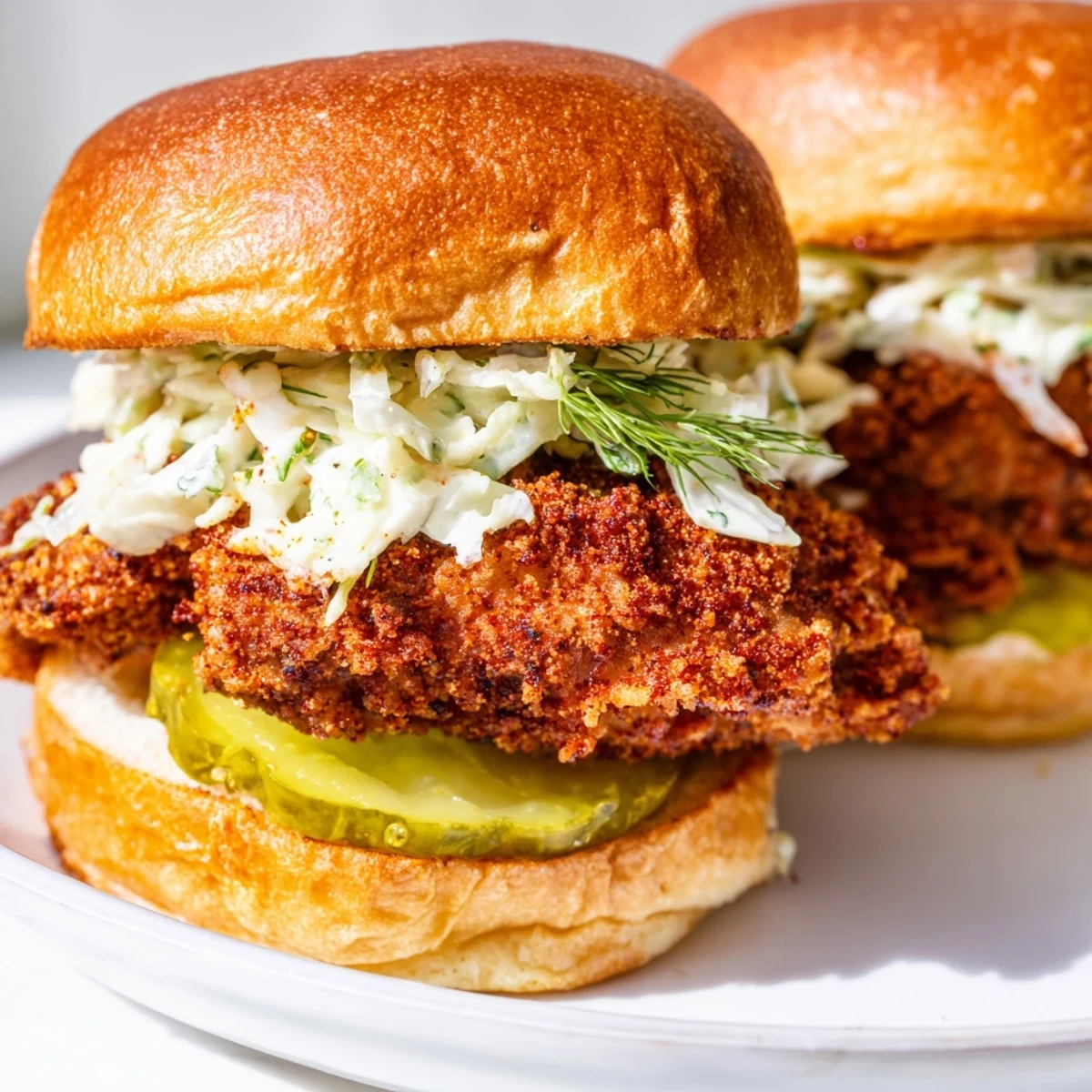 Golden Southern fried chicken burgers topped with crisp cabbage slaw and tangy pickles on toasted buns