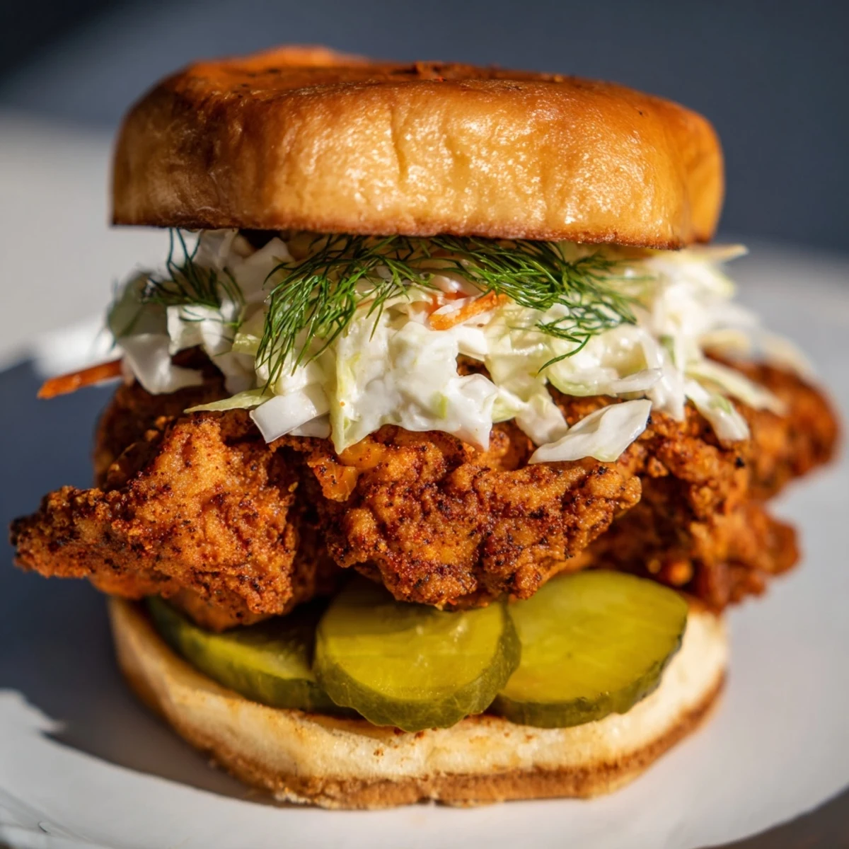 Crispy buttermilk fried chicken burgers piled high with creamy coleslaw and dill pickles for Southern comfort food