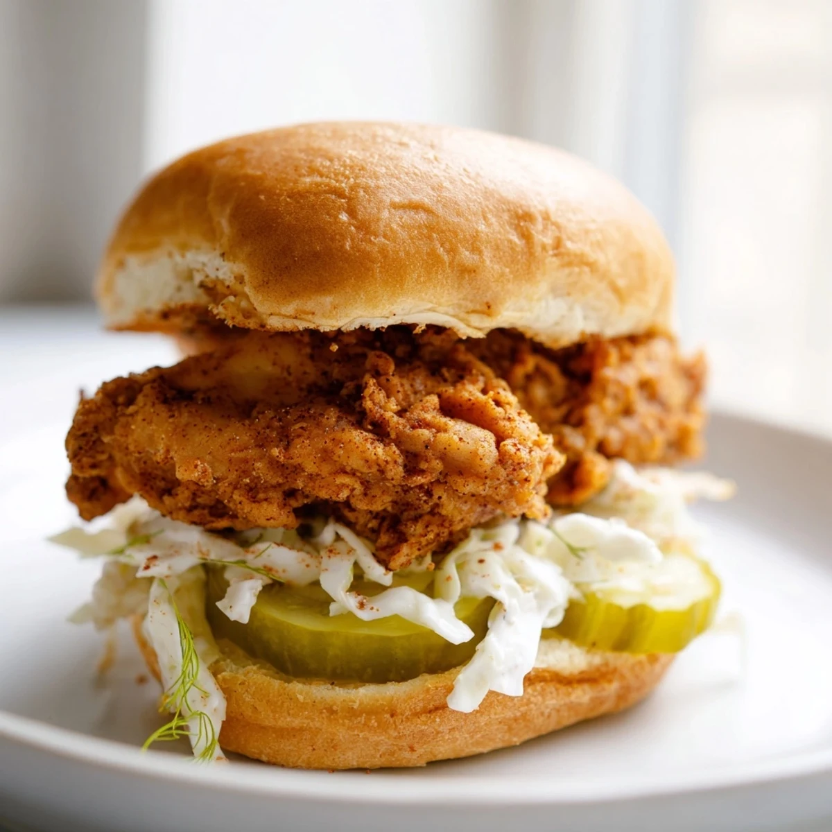Juicy Southern fried chicken burgers featuring golden crusted chicken thighs with zesty slaw in soft burger buns