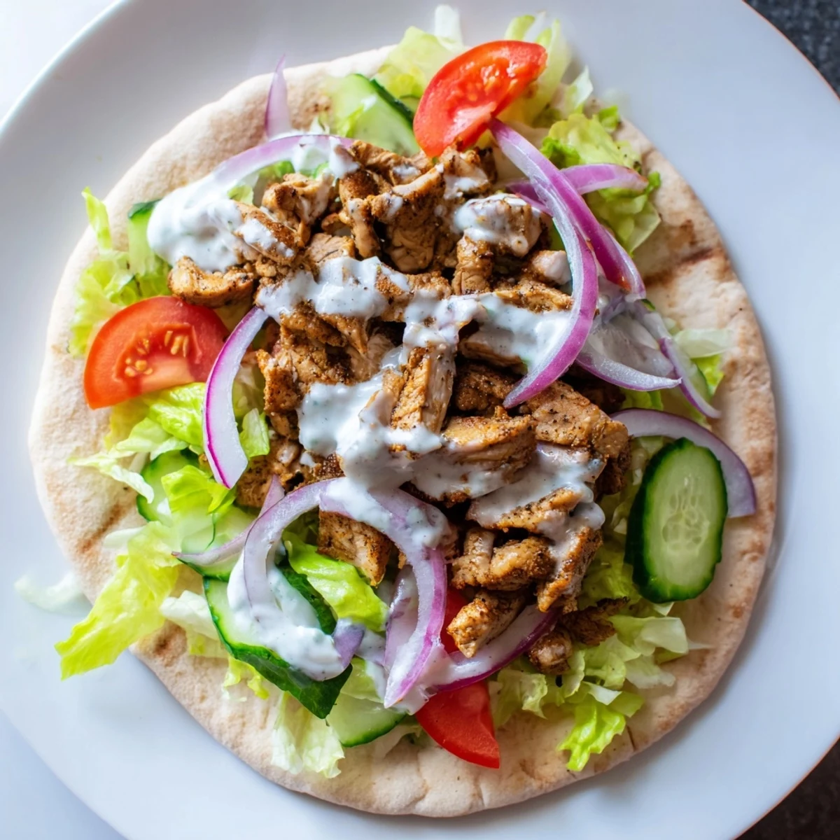 Juicy spiced chicken shawarma sliced in warm pita with fresh crisp vegetables and creamy white garlic sauce