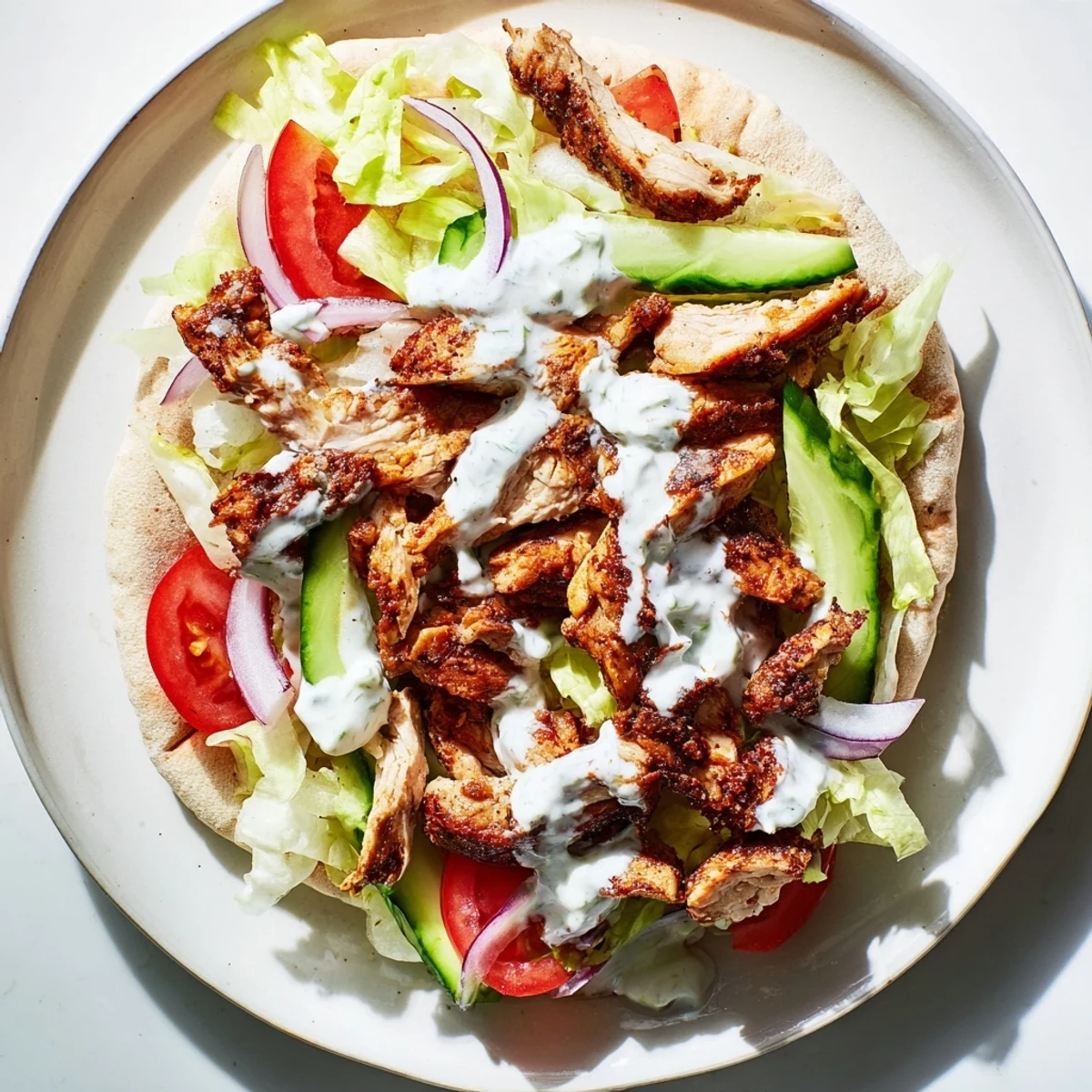 Savory marinated chicken shawarma nestled in pita bread alongside crunchy pickles red onion and rich tahini sauce