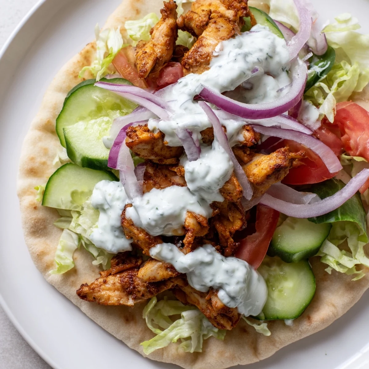 Golden chicken shawarma wrapped in soft flatbread topped with colorful lettuce tomatoes cucumber and tangy yogurt dressing
