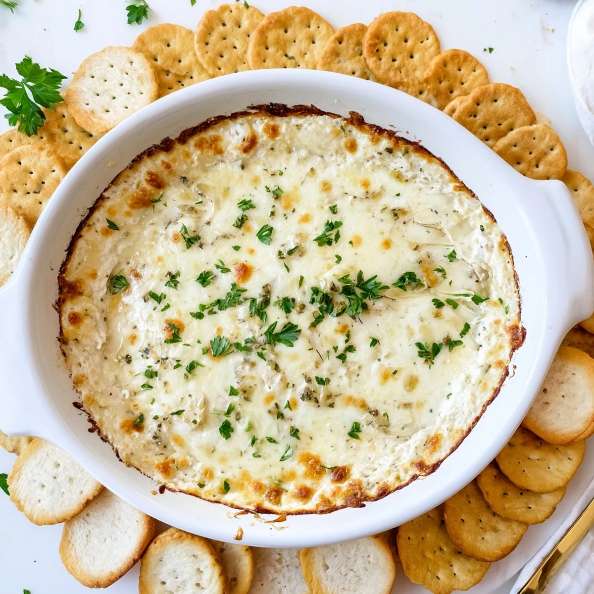 Golden bubbly cheesy garlic white pizza dip served warm with crusty bread slices