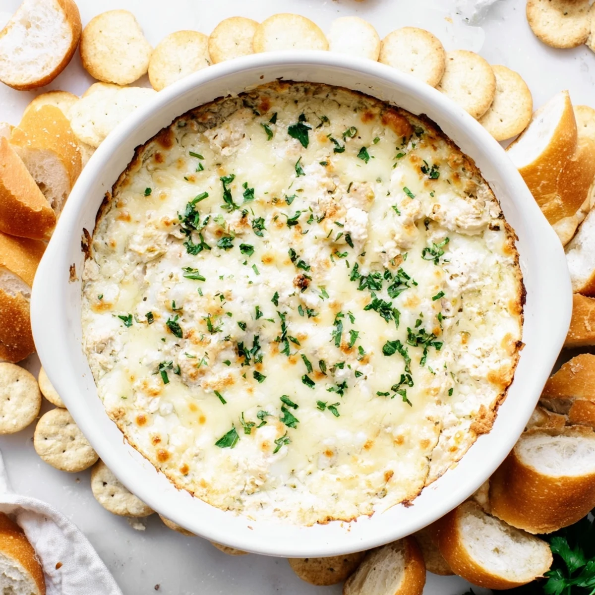 Creamy three-cheese garlic white pizza dip topped with melted mozzarella and fresh parsley