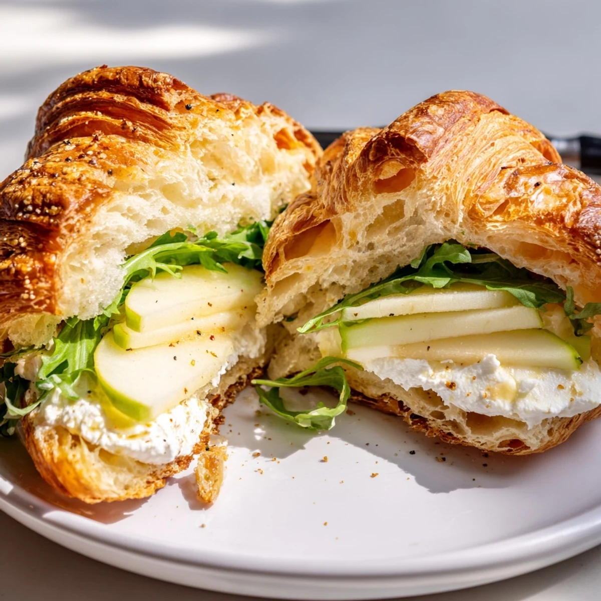 Flaky golden croissant sandwich stuffed with creamy goat cheese, crisp apple slices, and fresh arugula