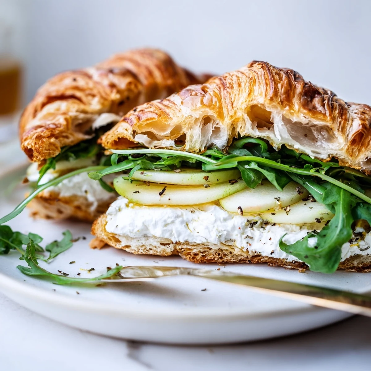 Open-faced croissant with layers of tangy goat cheese, thinly sliced apples, and baby spinach