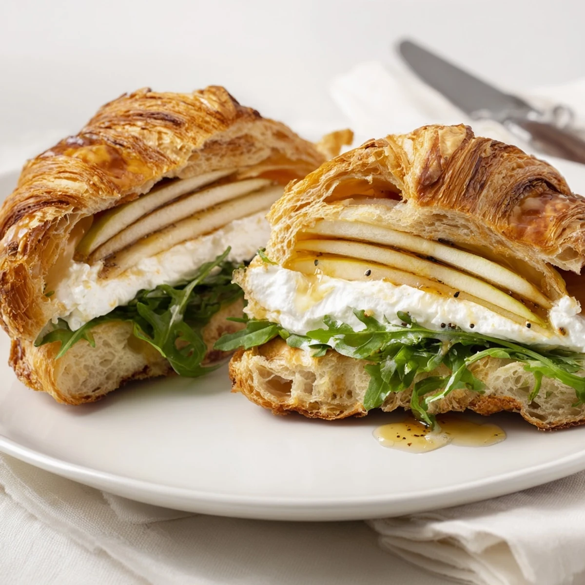 Gourmet apple goat cheese croissant sandwich featuring honey-drizzled apples and peppery greens on buttery pastry