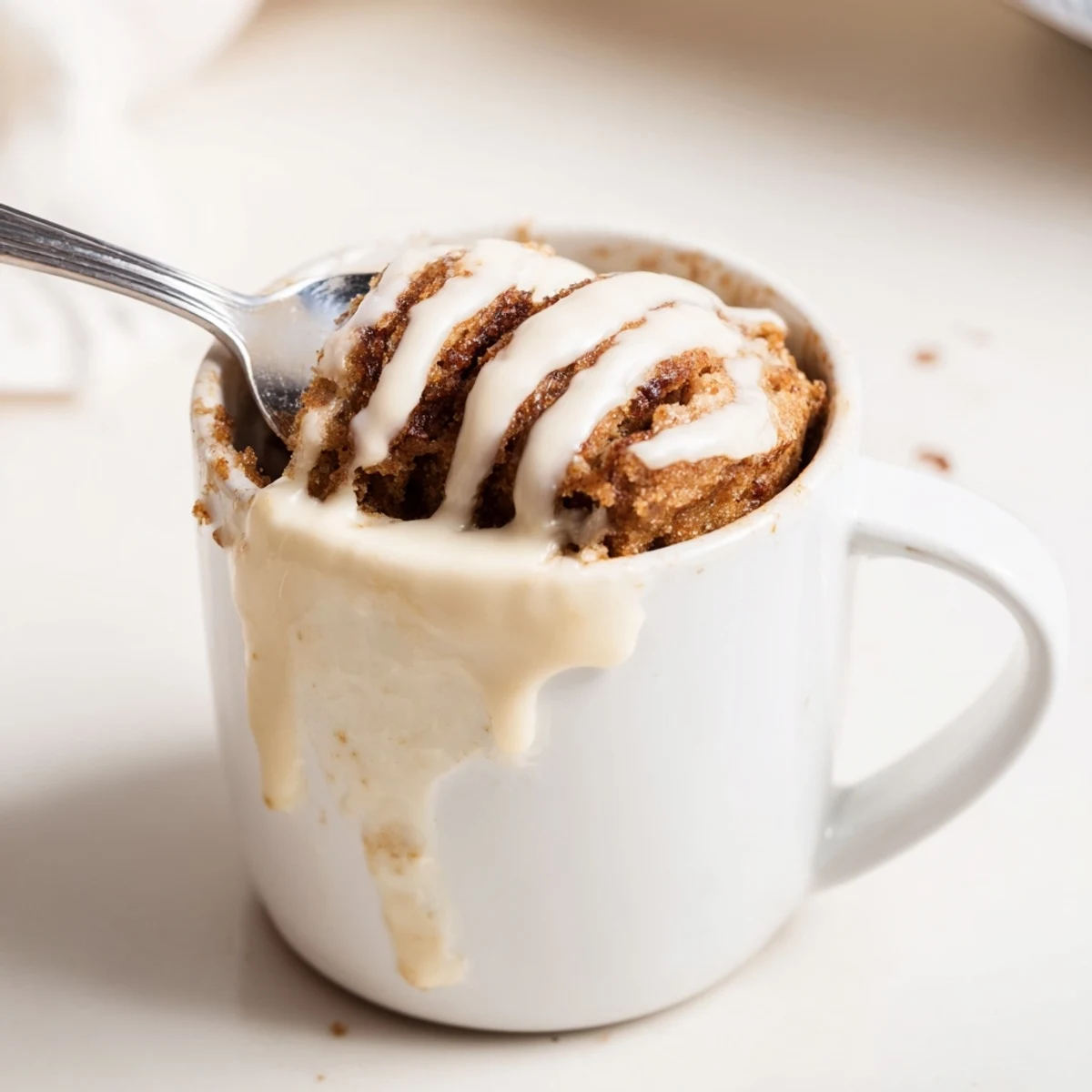 Warm cinnamon roll mug cake with creamy cottage cheese swirled throughout, topped with sweet glaze