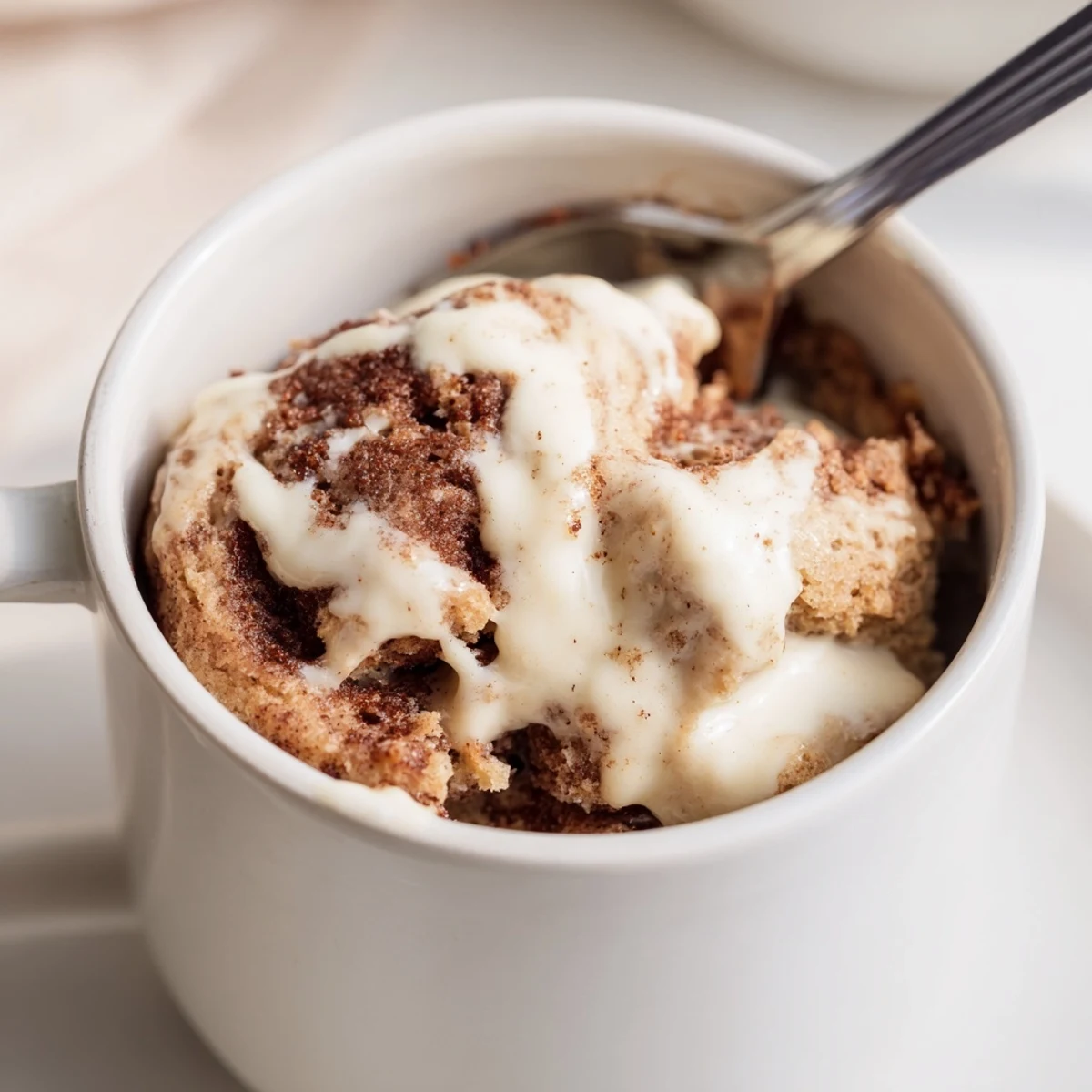 High protein cottage cheese cinnamon roll mug cake drizzled with cream cheese icing, steam rising