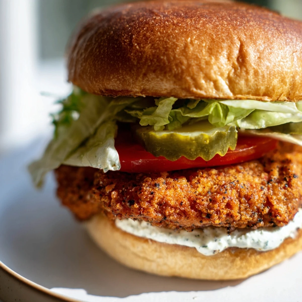 Golden brown Cajun crispy chicken sandwich stacked with fresh lettuce, tomato, and pickles on toasted brioche bun.