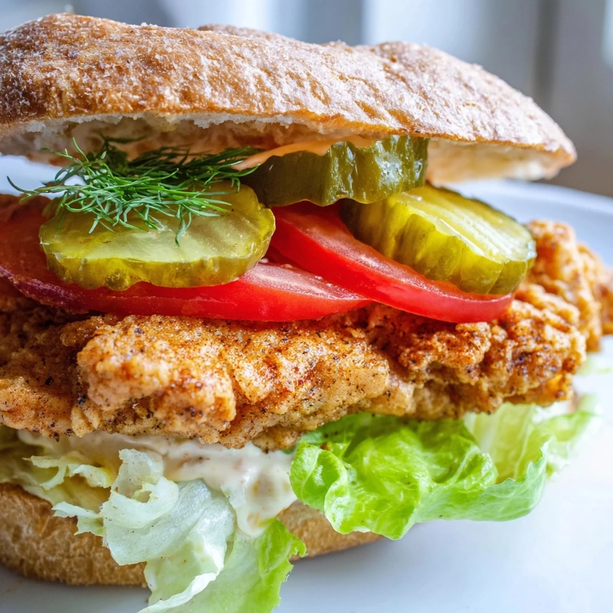 Handheld Cajun crispy chicken sandwich featuring crunchy breaded chicken, garlic aioli, romaine, tomato, and dill pickles.