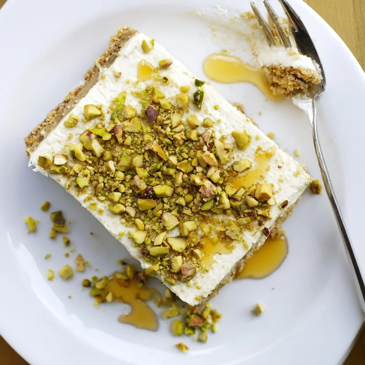 Golden Greek honey pistachio cheesecake bars with creamy filling and crunchy nut topping on a buttery graham cracker crust, plated for dessert