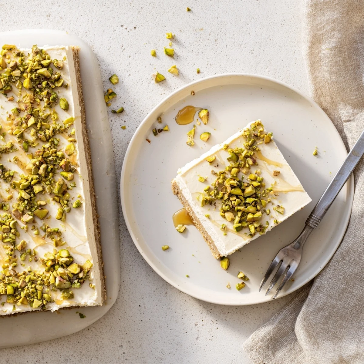 Luscious Greek honey pistachio cheesecake bars featuring smooth vanilla cheesecake, honey glaze, and vibrant green pistachios atop a golden crust