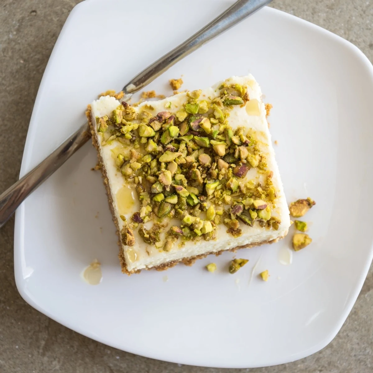 Creamy Greek honey pistachio cheesecake bars drizzled with warm honey and sprinkled with chopped pistachios, sliced into squares on a white serving plate