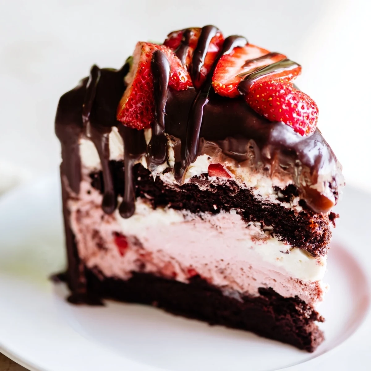 Decadent chocolate covered strawberry ice cream cake topped with fresh berry halves and dark chocolate drizzle