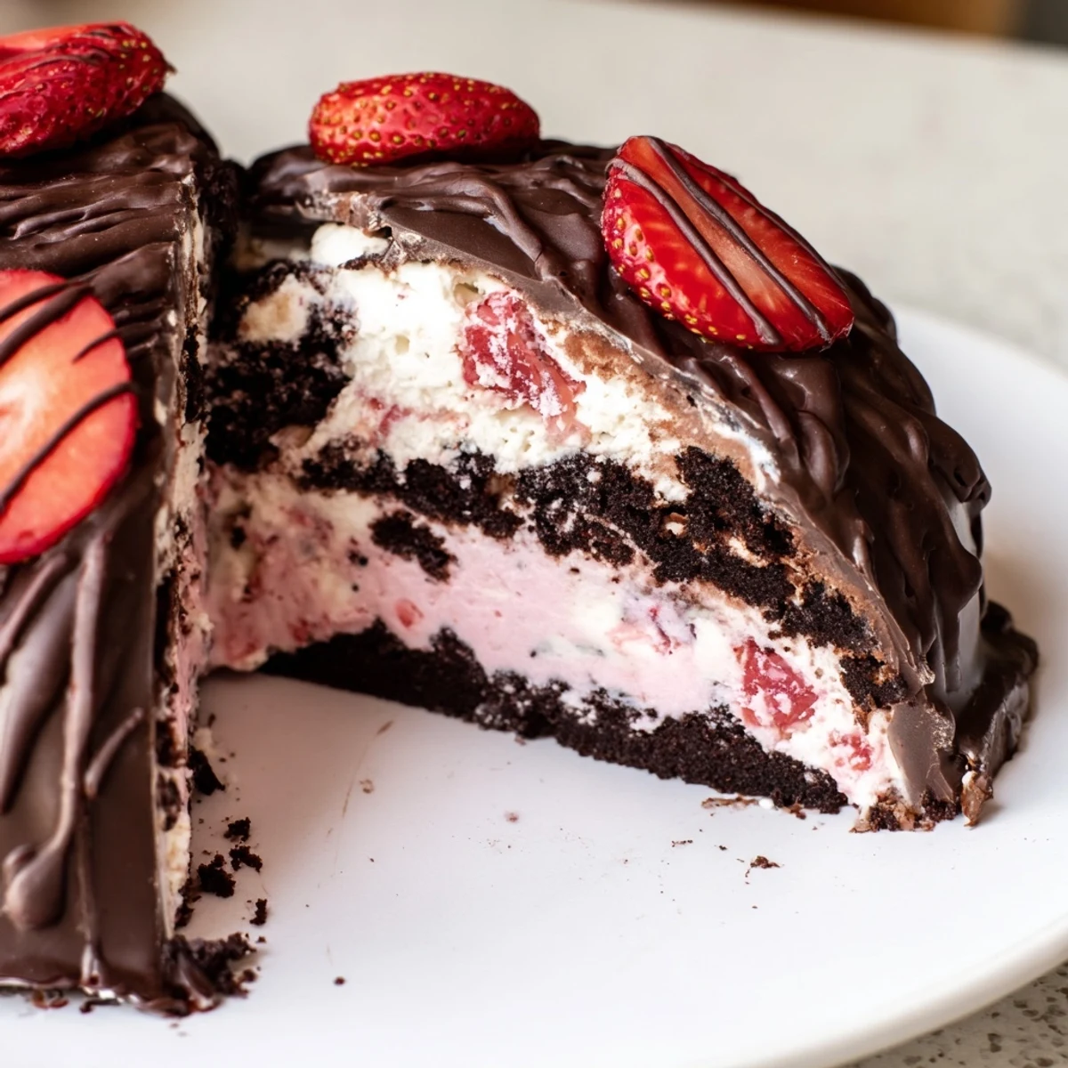 Layered chocolate covered strawberry ice cream cake with crisp chocolate shell and ripe strawberry garnish