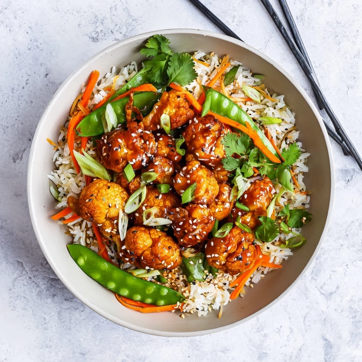 Crispy golden cauliflower florets coated in sweet tangy General Tsos sauce over fluffy white rice with fresh vegetables