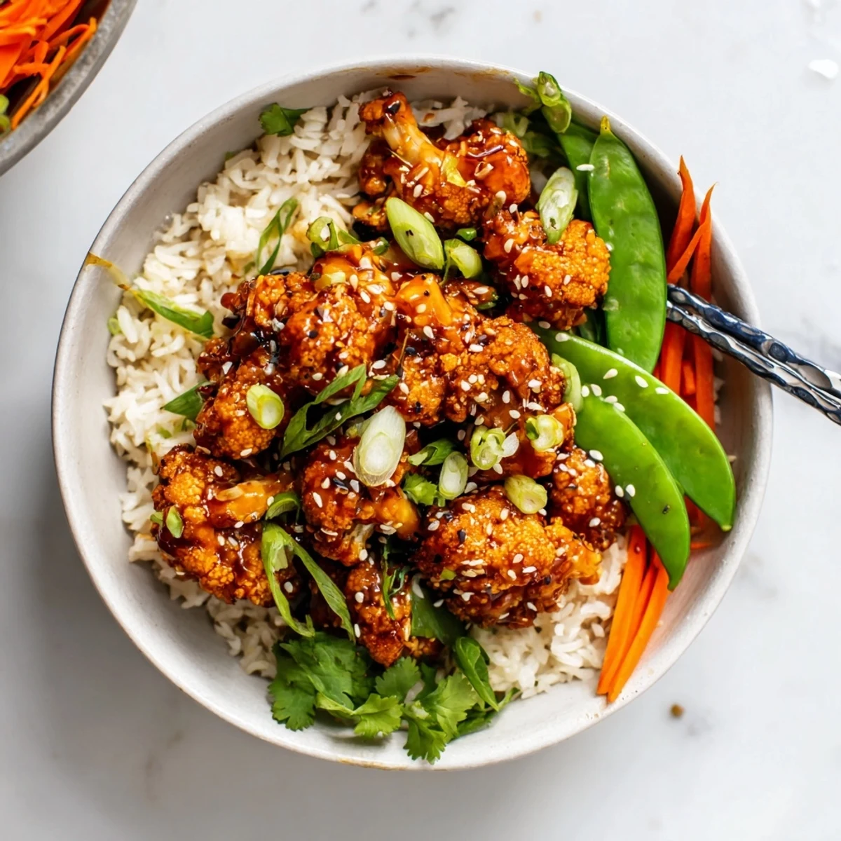 Golden brown roasted cauliflower bites tossed in rich spicy General Tsos glaze served atop steamed rice with colorful julienned carrots and snow peas