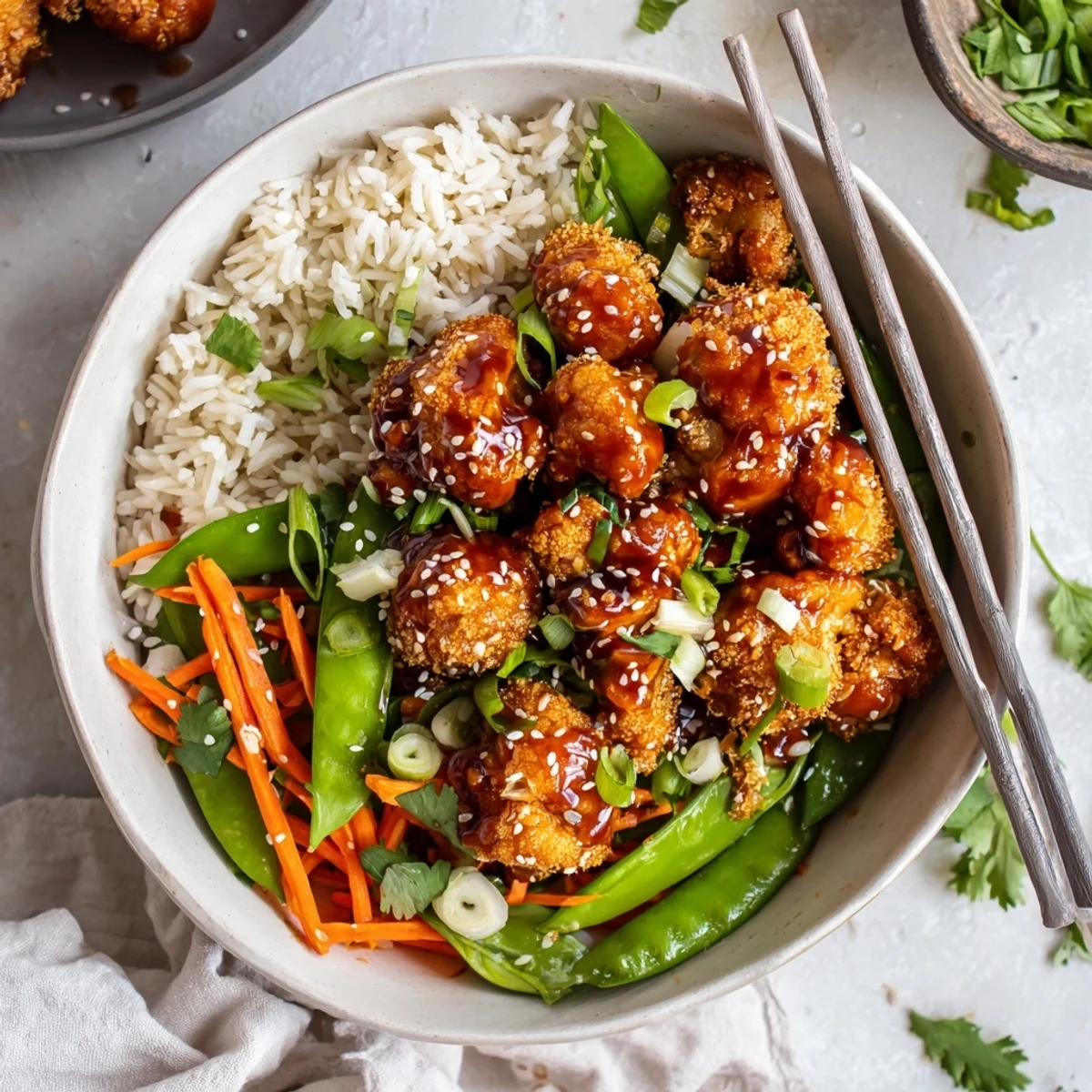 Vegan General Tsos cauliflower bowl featuring panko-crusted florets in glossy red sauce garnished with green onions and sesame seeds