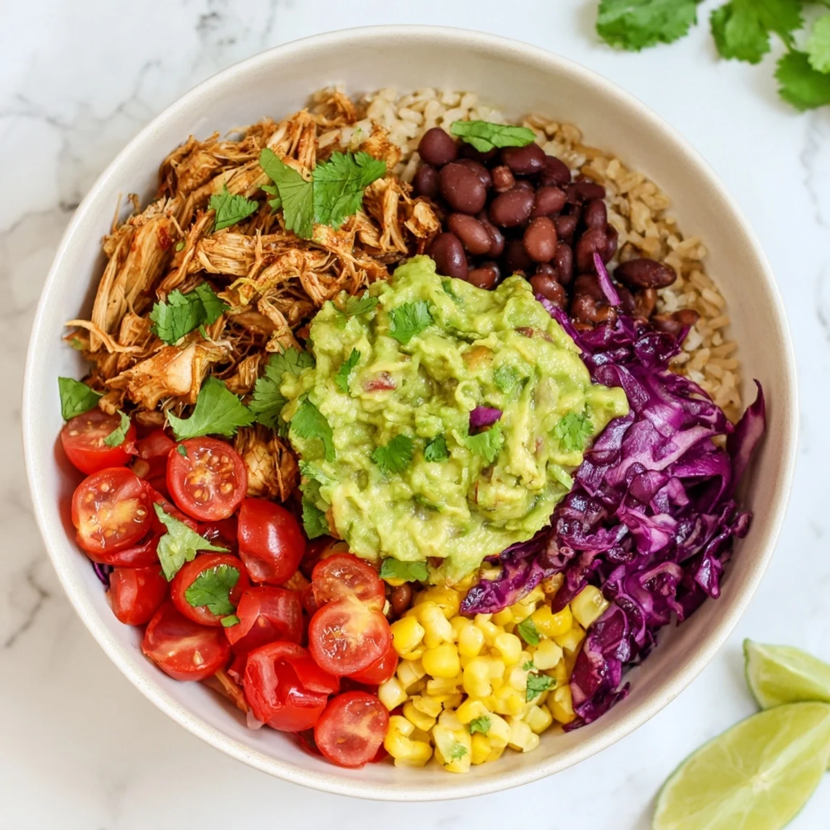 Tender spiced pulled chicken topped with creamy guacamole, corn, and vibrant Tex-Mex toppings