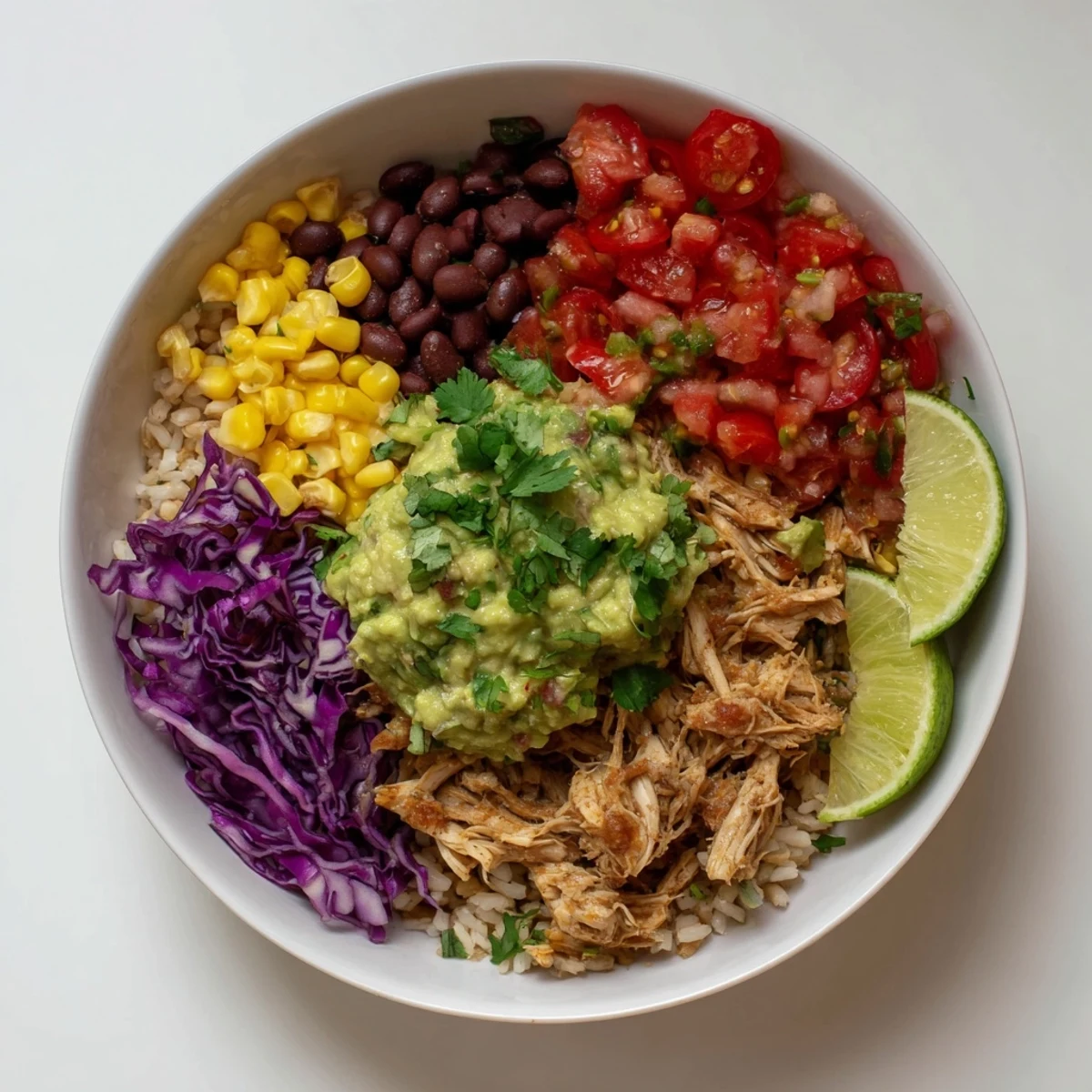 Hearty pulled chicken guacamole bowl featuring brown rice, black beans, crisp cabbage, and lime wedges