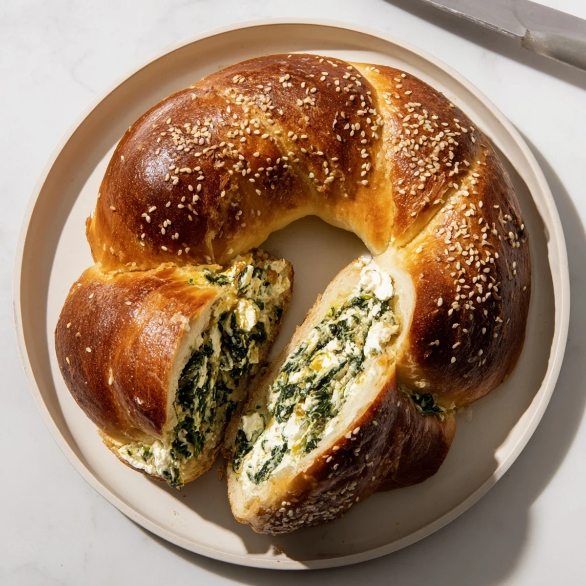 Golden baked spinach cottage cheese flagels with sesame seed topping on parchment paper