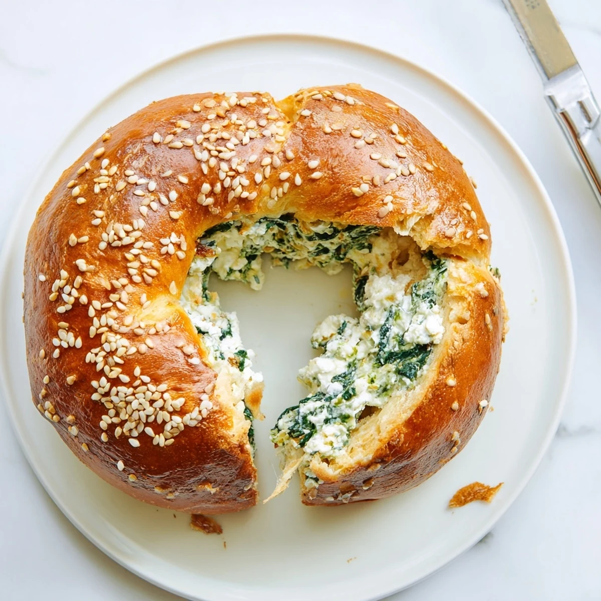 Chewy flatbread bagel hybrid stuffed with creamy cottage cheese and tender green spinach filling