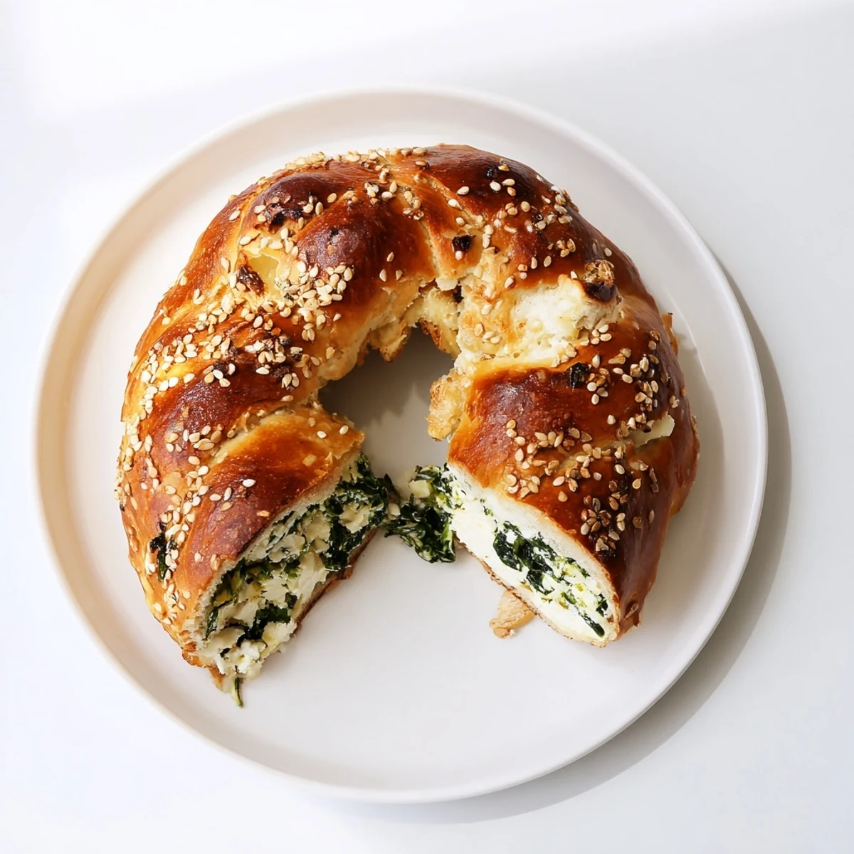 Freshly baked spinach cottage cheese flagels brushed with egg wash and sprinkled with seeds