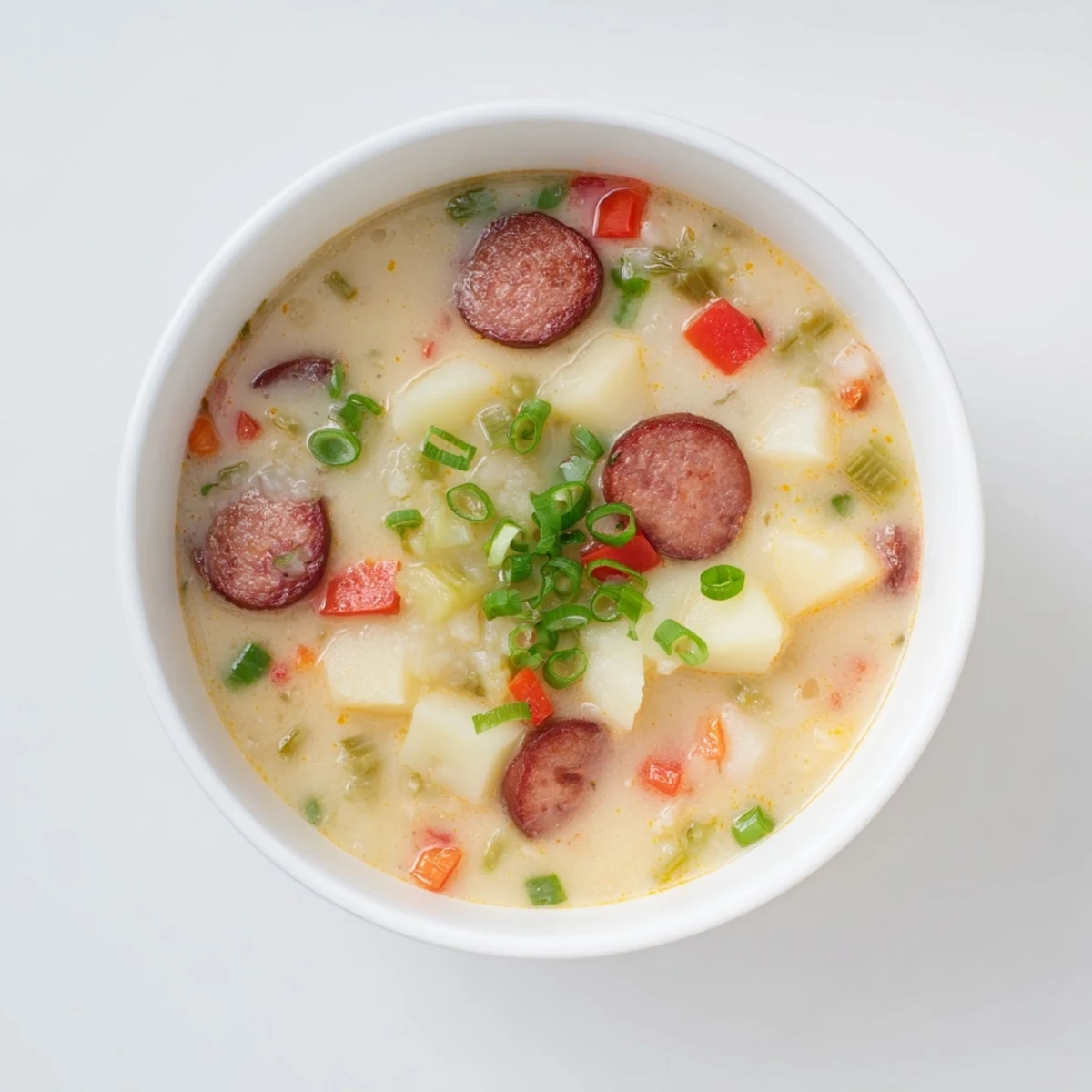 Creamy spicy Cajun potato soup topped with sliced Andouille sausage and fresh green onions in a rustic bowl