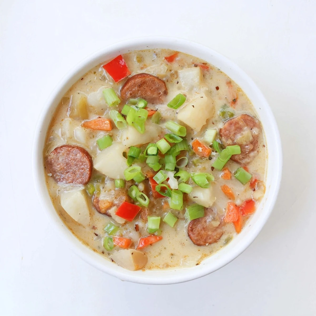 Hearty bowl of spicy Cajun potato soup with tender potato chunks, smoky sausage, and colorful diced vegetables
