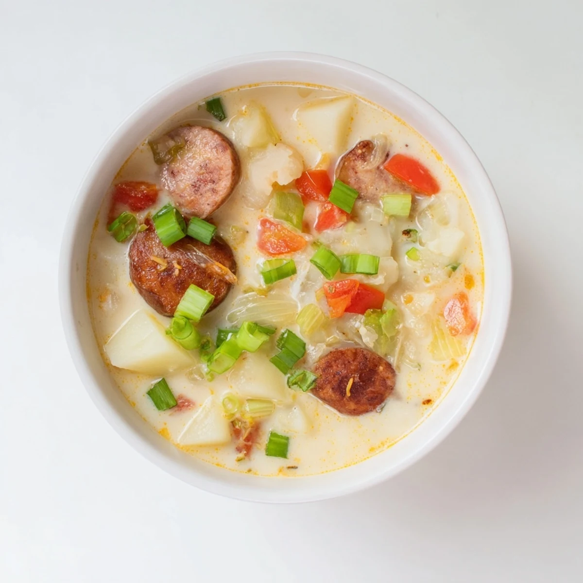 Thick and creamy spicy Cajun potato soup garnished with green onions, served with crusty bread for dipping