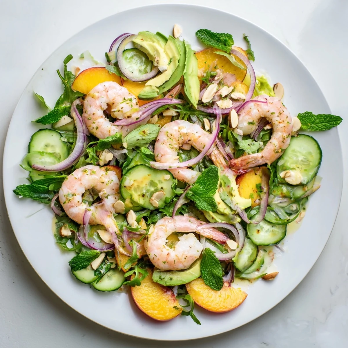 Colorful shrimp and nectarine salad featuring mixed greens avocado and citrus dressing