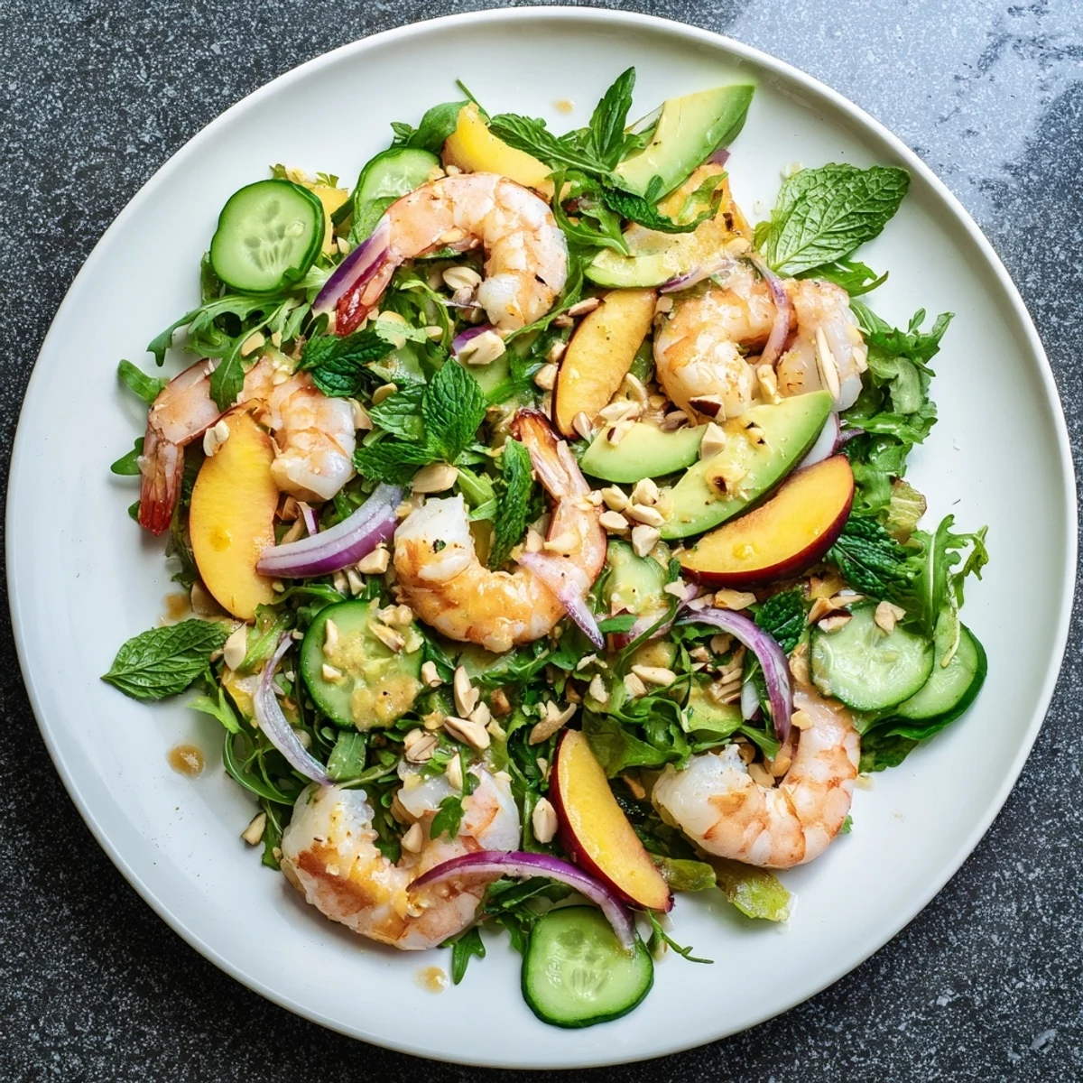 Fresh summer bowl with grilled shrimp ripe nectarines cucumber and zesty lime drizzle