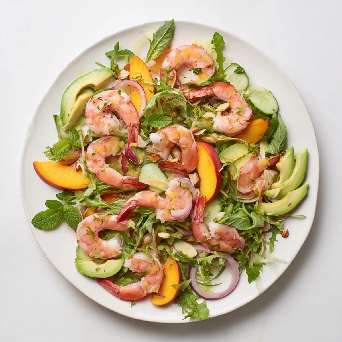 Plated shrimp and nectarine salad topped with mint almonds and tangy honey dressing