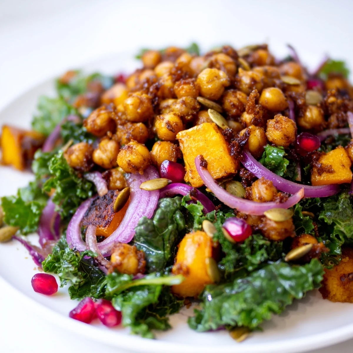 Golden roasted chickpeas atop colorful autumn greens with butternut squash and maple-Dijon dressing