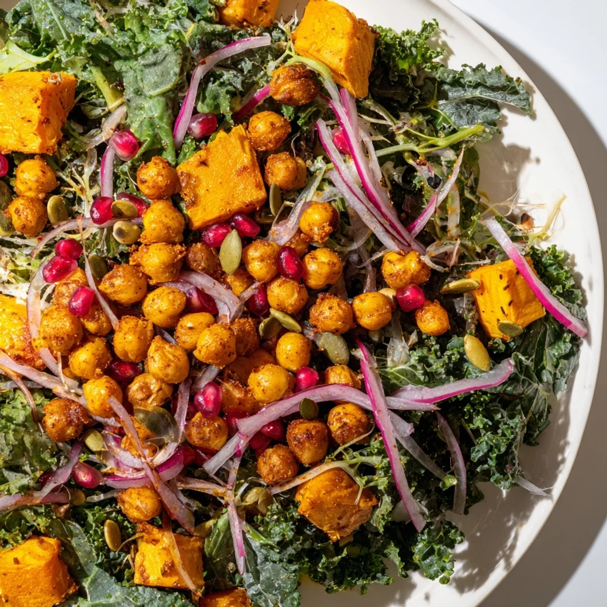 Vibrant roasted chickpea fall salad featuring crisp chickpeas, sweet apple slices, and pomegranate seeds