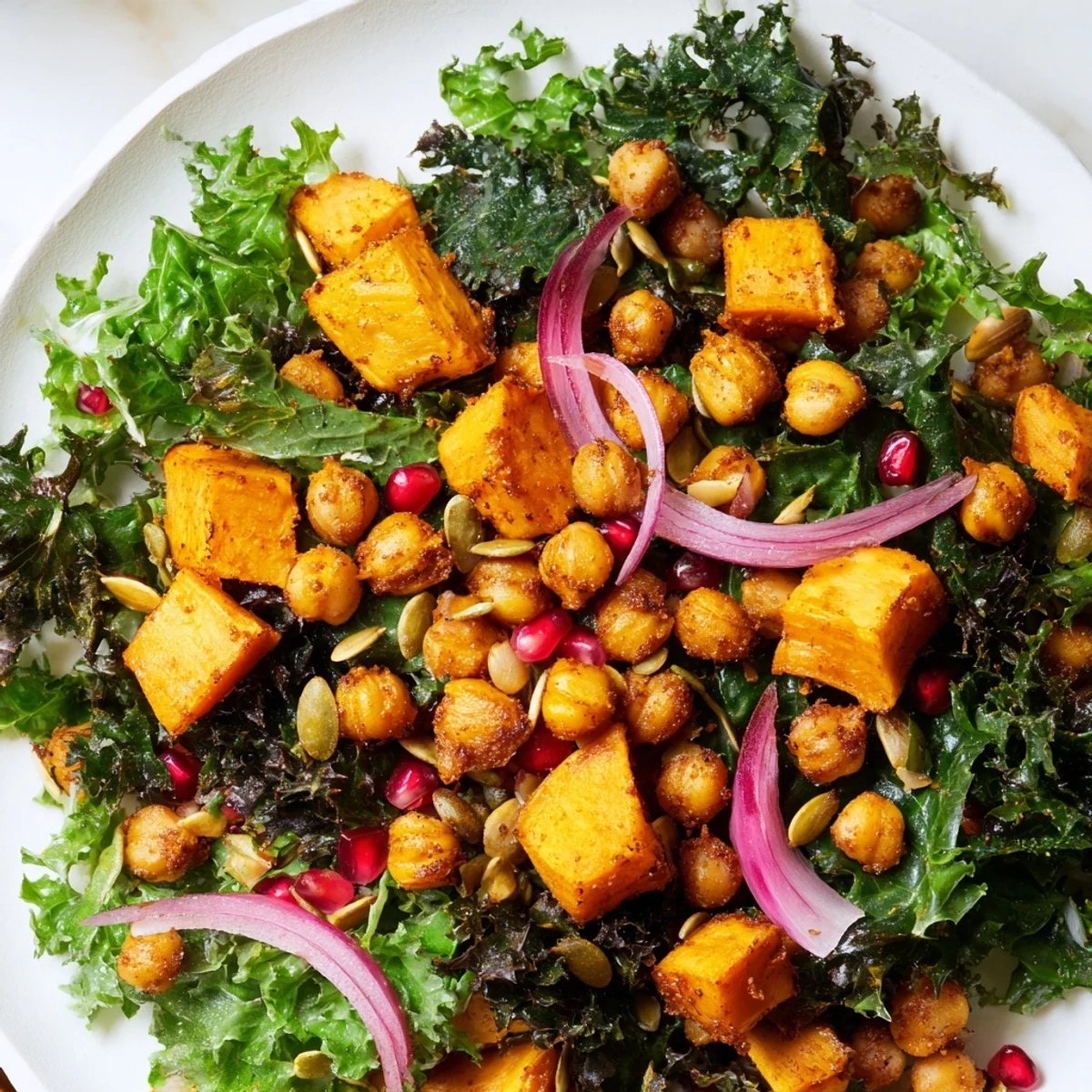 Hearty bowl of roasted chickpea fall salad with seasonal vegetables and tangy maple dressing