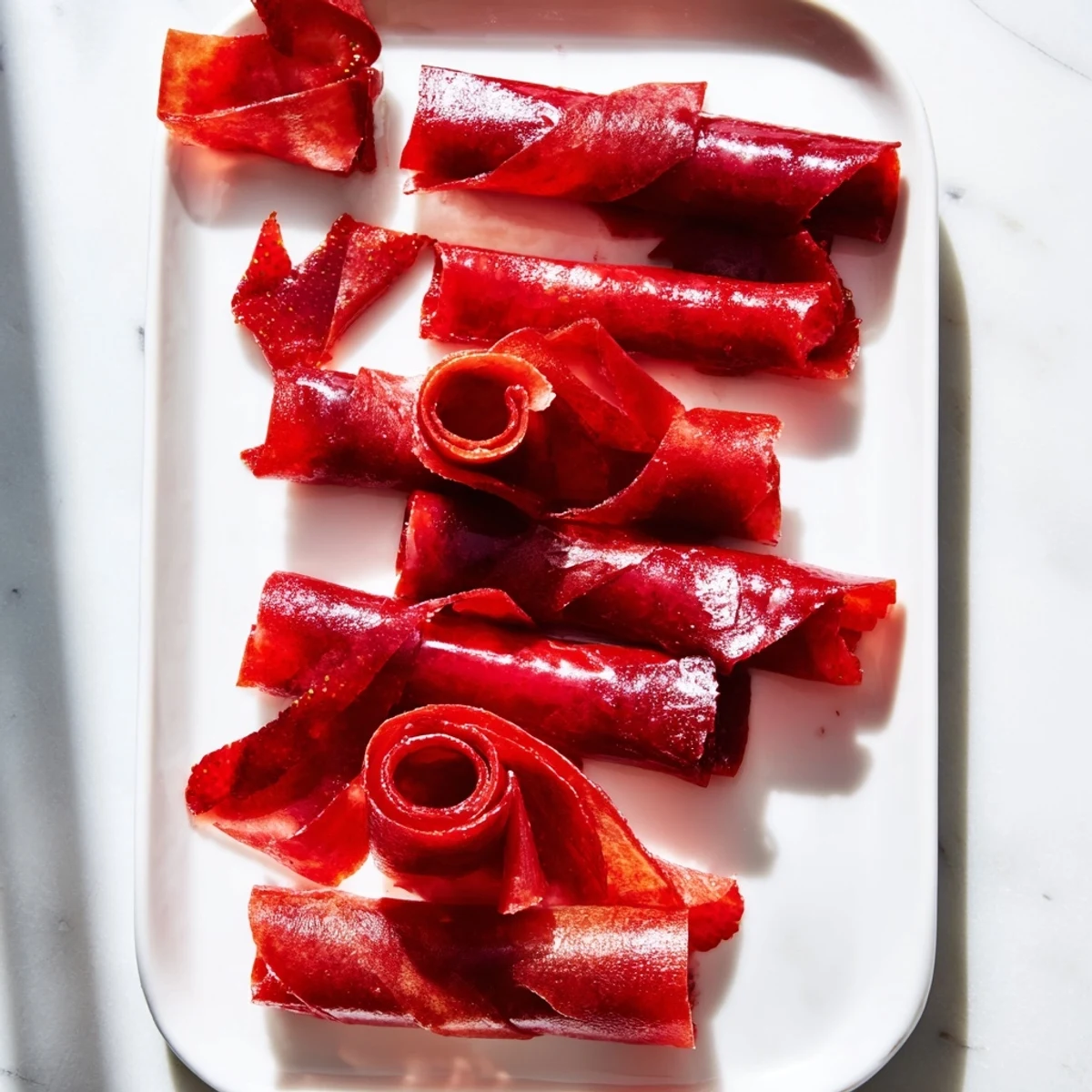 Chewy homemade fruit roll ups made with blended berries dried into flexible fruit leather strips for kids