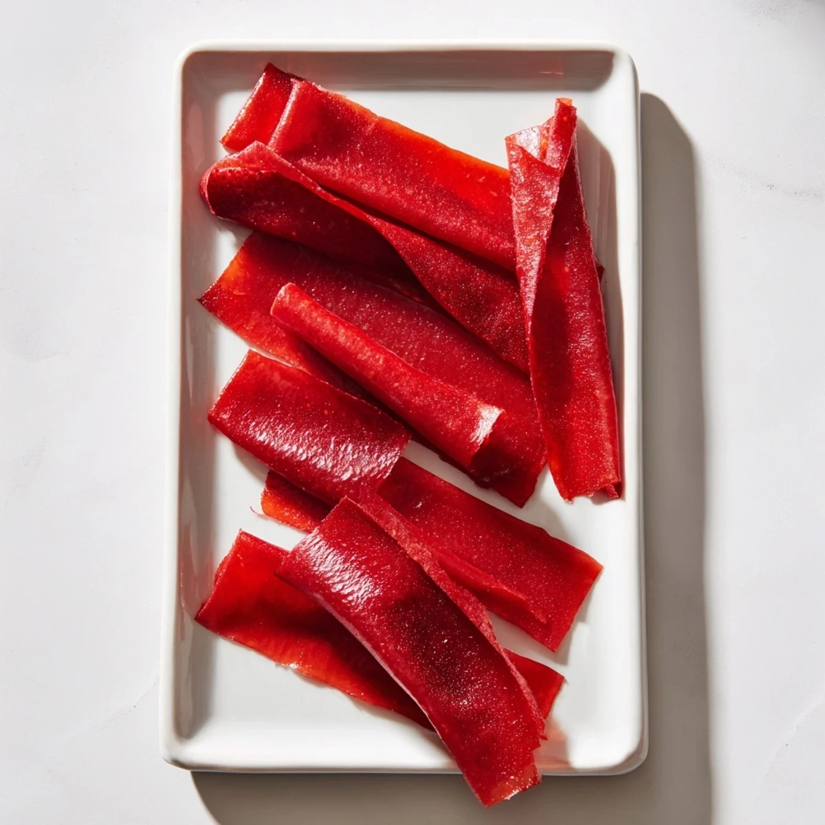 Colorful homemade fruit roll ups featuring smooth strawberry puree spread thin and rolled into portable snacks