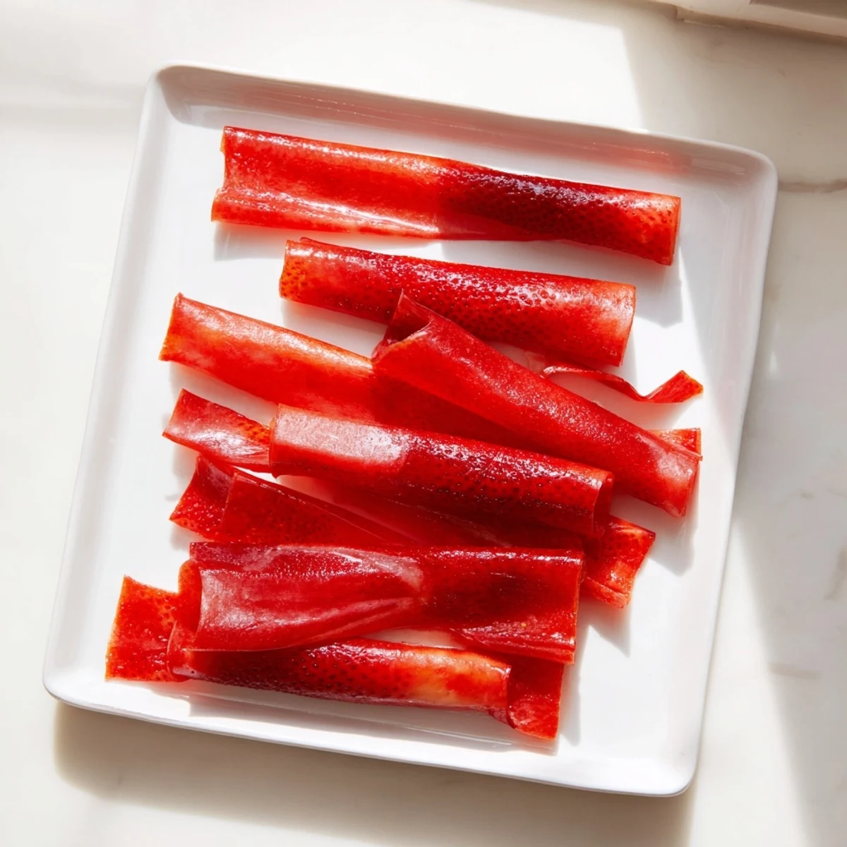 Healthy homemade fruit roll ups showing bright red fruit mixture dried to perfect texture on parchment paper