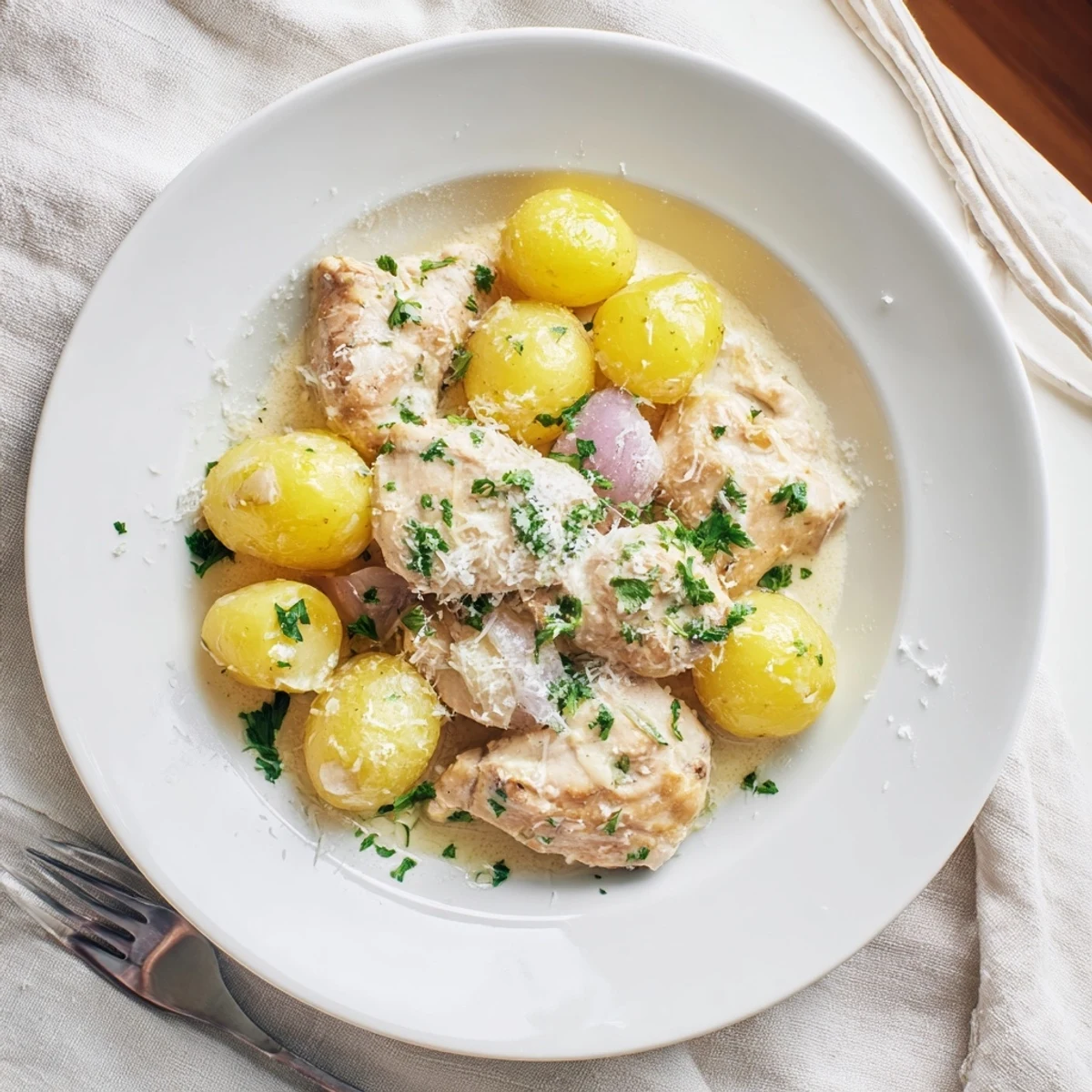 Golden slow cooker garlic Parmesan chicken and baby potatoes swimming in rich creamy sauce