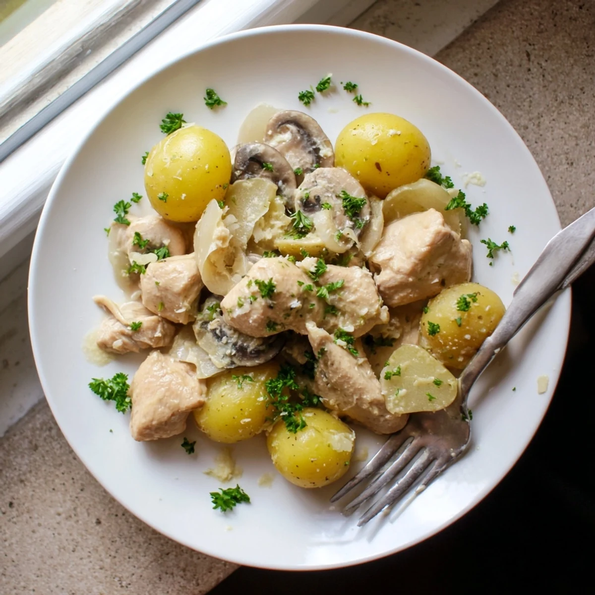 Creamy garlic Parmesan chicken and potatoes dish garnished with fresh parsley and extra cheese